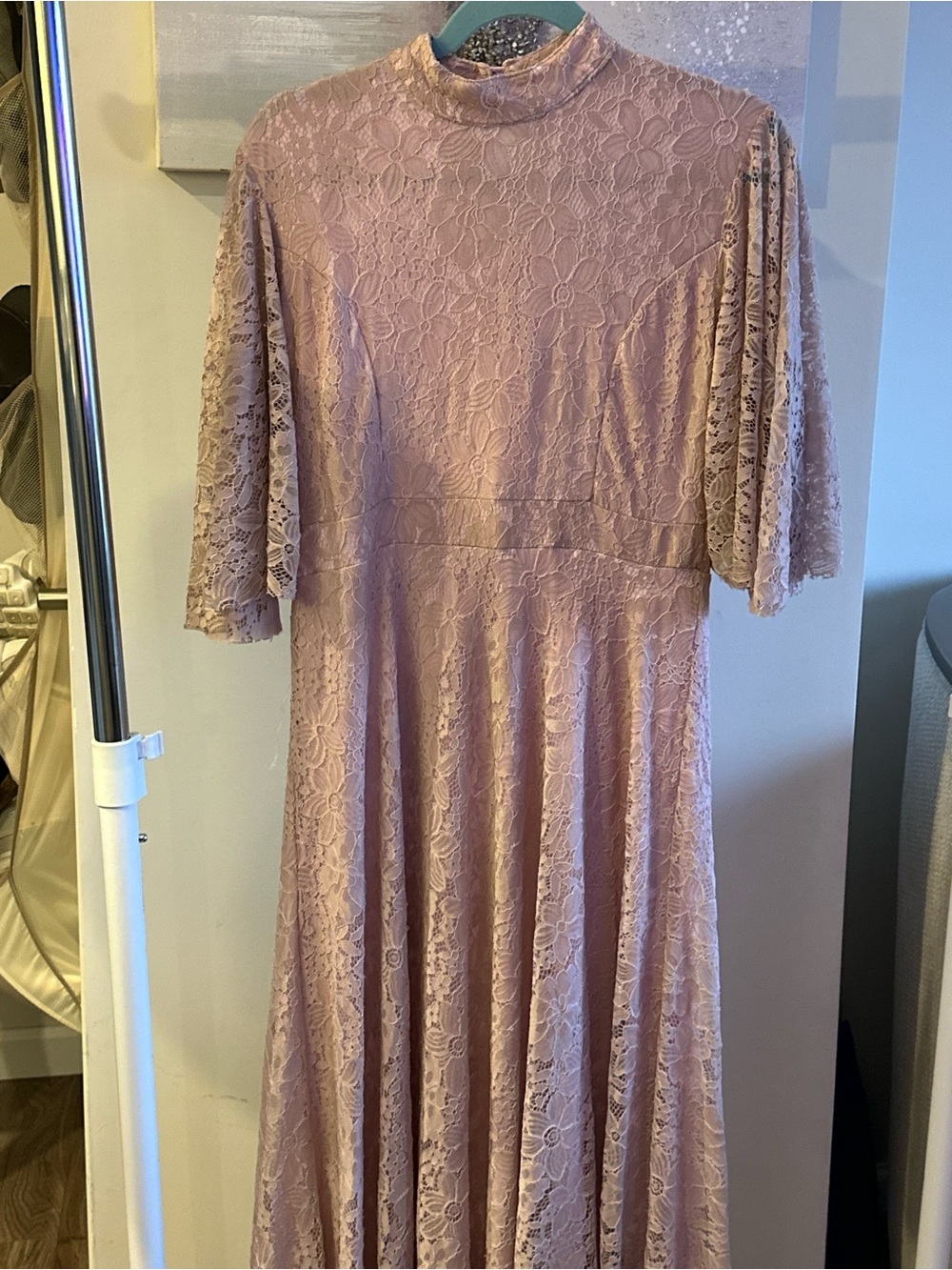 Lace Midi Dress in Blush Pink - Elegant High Neck